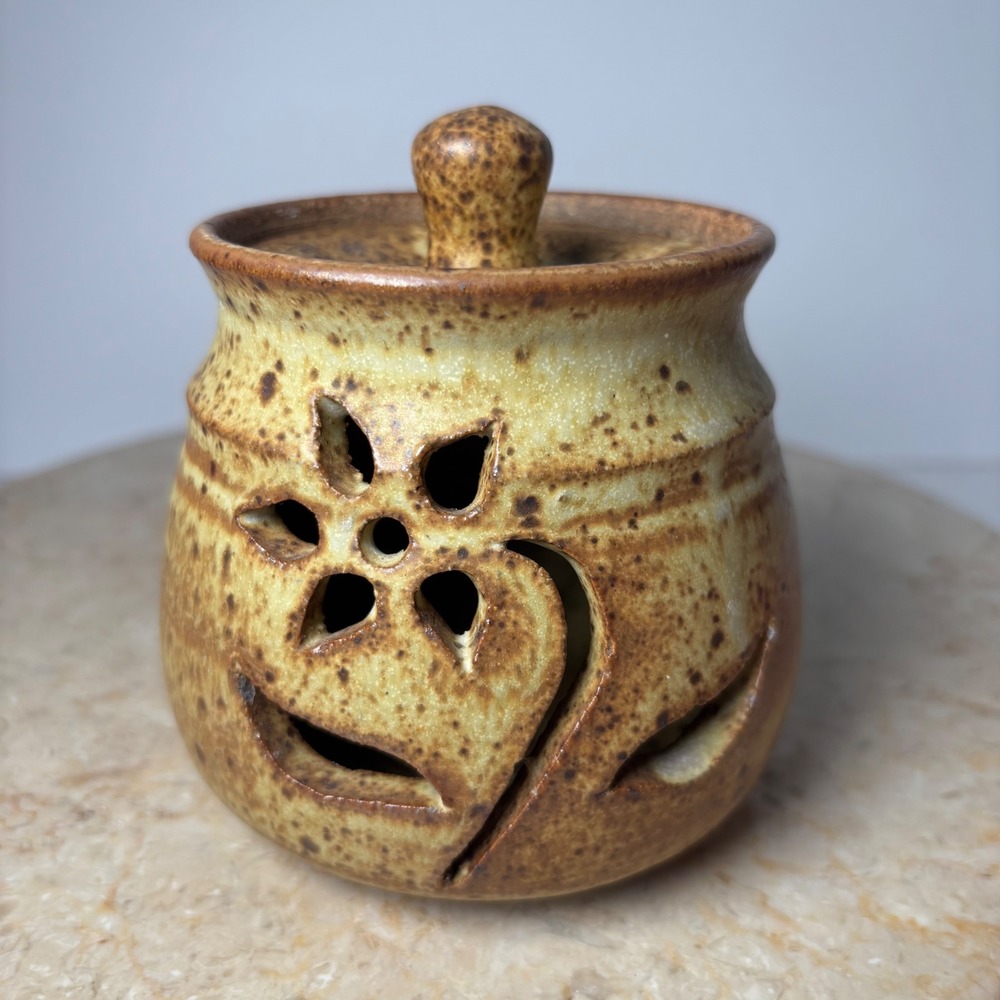 Vintage Garlic Keeper Studio Pottery Floral Cutout Lidded Jar Tan Brown Rustic